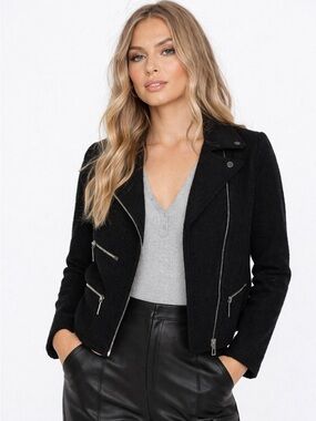 LISA INTERNATIONAL Black Moto Biker Wool Jacket Blazer Small
